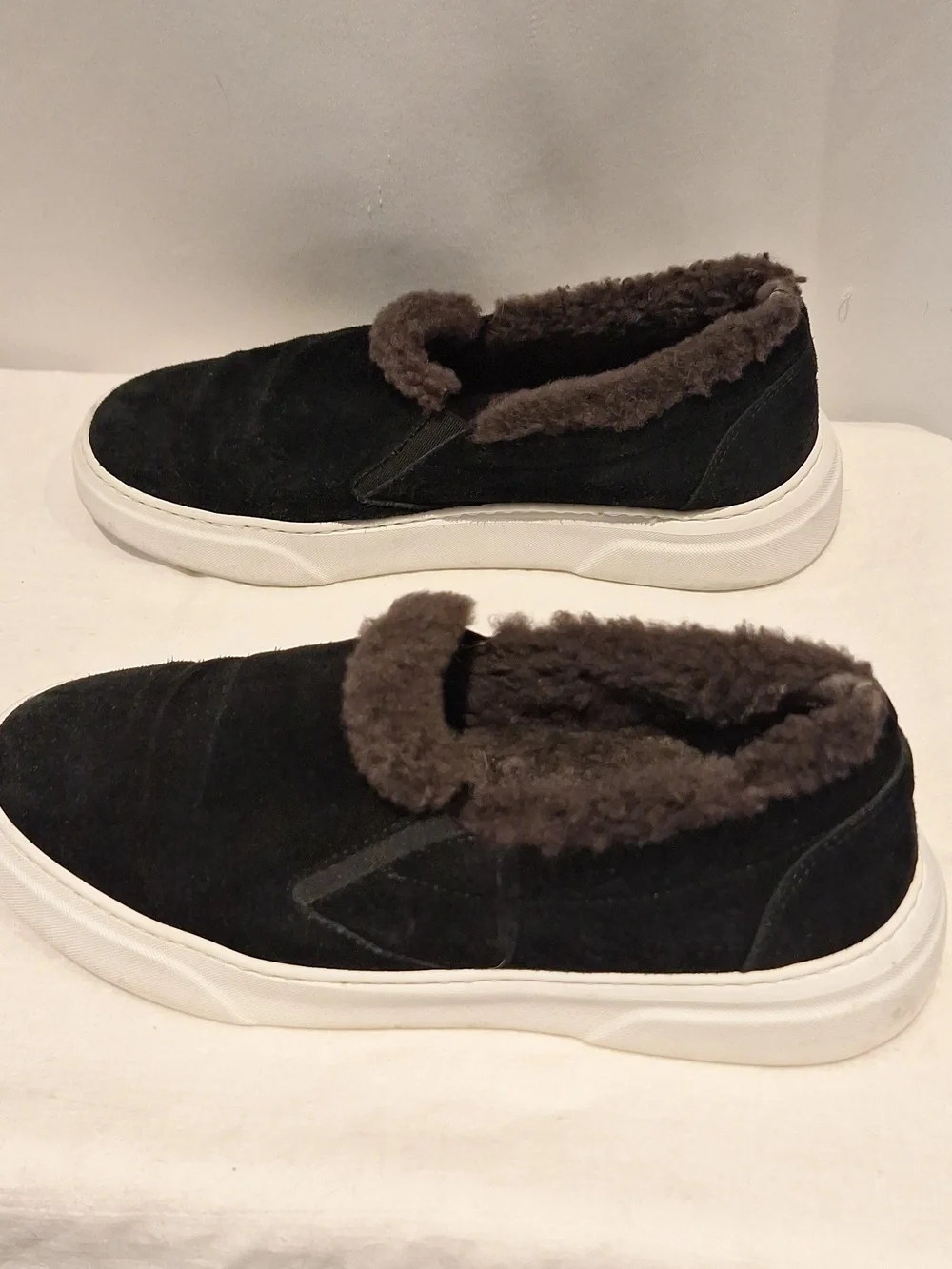 M.  GEMI Women's Black Suede Slip-On Sneakers with Gray Faux Fur Lining